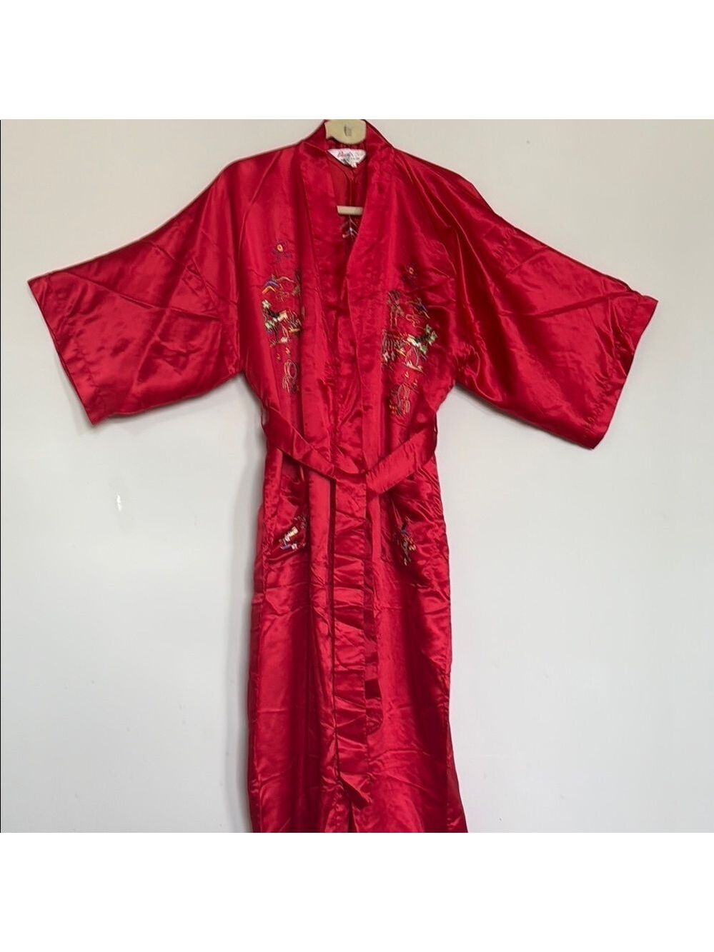 Luxurious Red Satin Kimono Robe with Embroidered Details